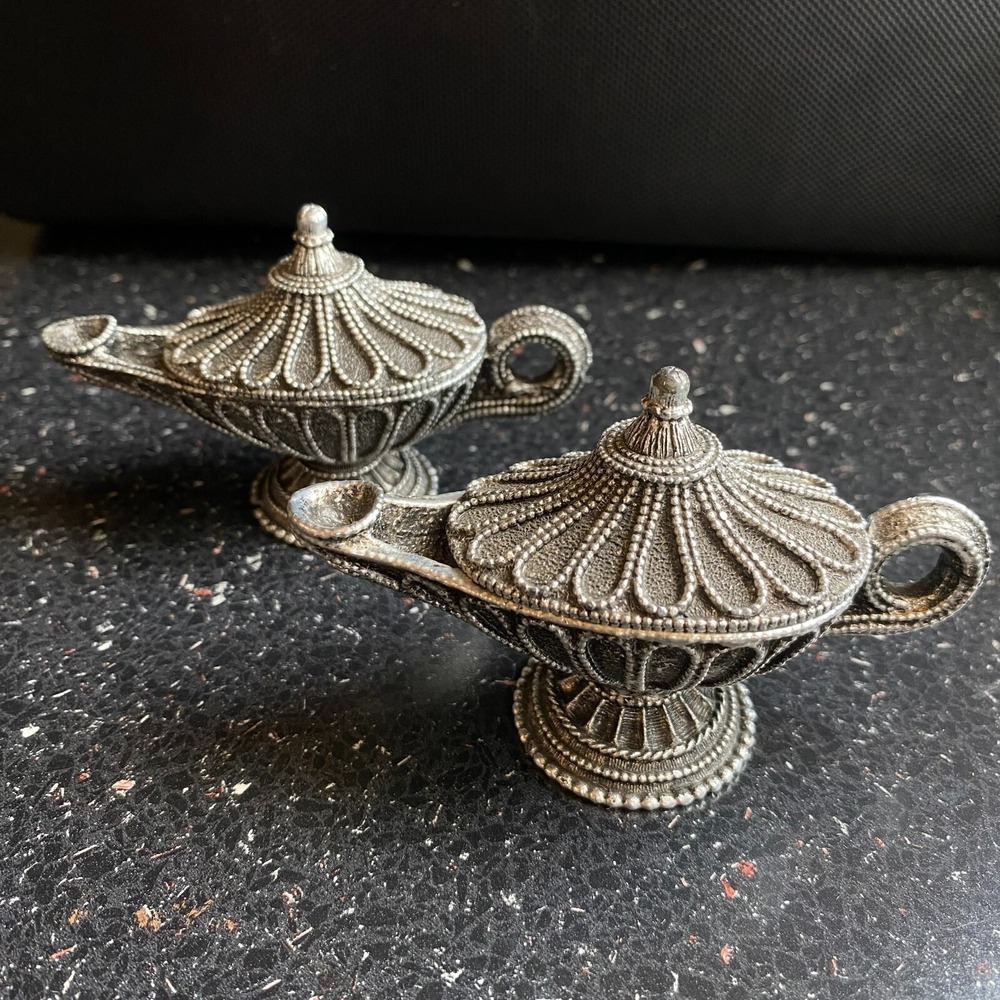 Vintage Florenza Aladdin Genie Lamp Trinket Ring Pill Box Set of 2 Silver Tone